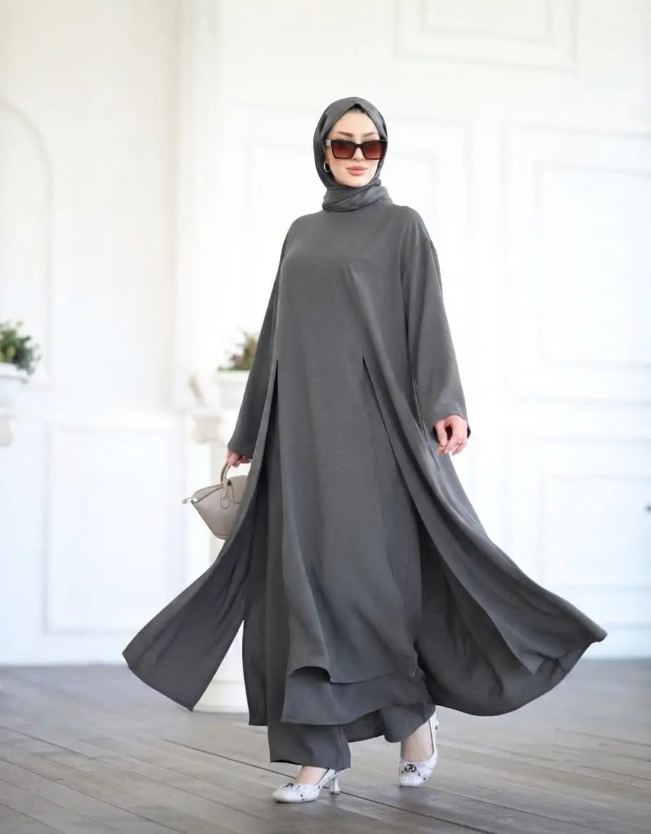DONNA — Ensemble Abaya & Pantalon en Crêpe Roza