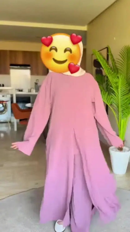 DONNA — Ensemble Abaya & Pantalon en Crêpe Roza